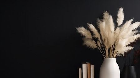 Vase with decorative plant branch against black wall background. Minimalist interior mockup. Generative AI.の素材