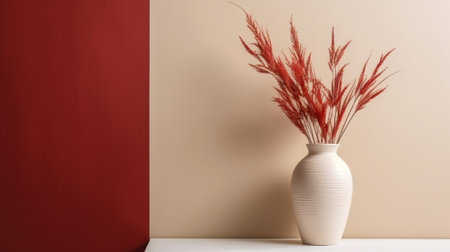 Vase with decorative plant branch against red and beige wall background. Minimalist interior mockup. Generative AI.の素材