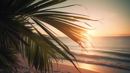 Tropical summer seascape with palm leaves, beach and paradise ocean on sunset. Generative AI.の素材
