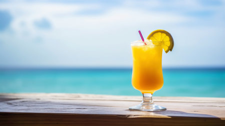 Bumble Bee Shot cocktail on background with blue sea and sky tropical background. Generative AI.の素材