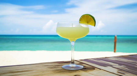 Classic Margarita cocktail on background with blue sea and sky tropical background. Generative AI.の素材