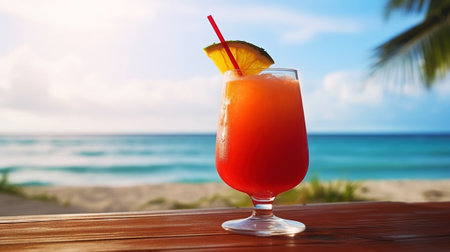 Bahama Mama cocktail on background with blue sea and sky tropical background. Generative AI.の素材