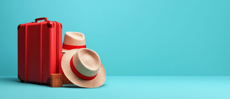 Red travel suitcase with straw hat, on blue background. Trip concept. Generative AI.の素材
