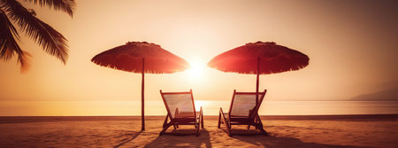 Two beach chair and umbrella on beautiful beach on sunset. Travel paradise concept. Generative AI.の素材