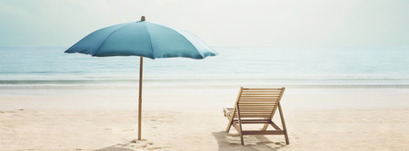 Beach chair and umbrella on beautiful beach. Travel paradise concept. Generative AI.の素材