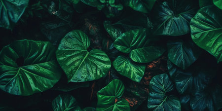 closeup nature view of green leaf and palms background. Flat lay, dark nature concept, tropical leaf. Generative AI.の素材