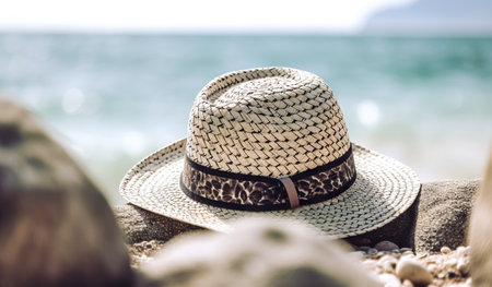 Hat on the sand with a sea background. Travel concept. Generative AI.の素材