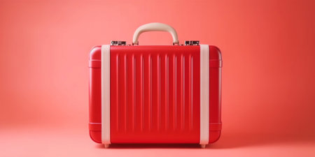 Red travel suitcase, on red background. Trip concept. Generative AI.の素材