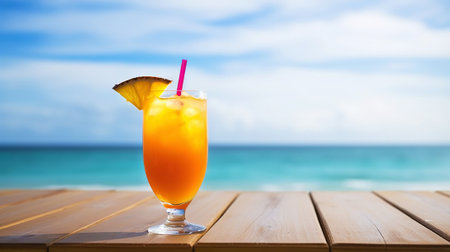Mai Tai cocktail on background with blue sea and sky tropical background. Generative AI.の素材