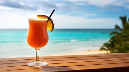 Miami Vice cocktail on background with blue sea and sky tropical background. Generative AI.の素材