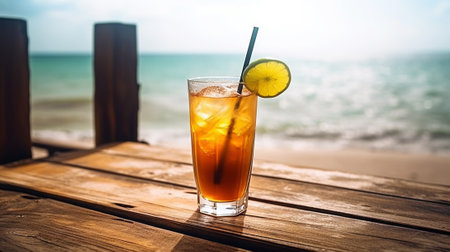 Long Island Iced Tea cocktail on background with blue sea and sky tropical background. Generative AI.の素材