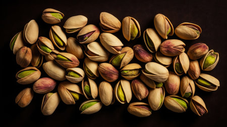 Pistachio background. Nuts. Green fresh inshell pistachios. Generative AI.の素材
