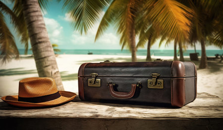 Suitcase, hat and accessories on the wooden floor with a sea background. Travel concept. Generative AI.の素材