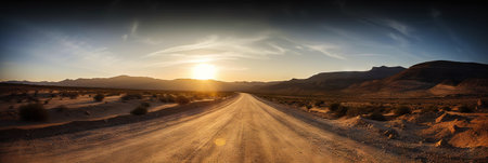 Road to horizon in desert landscape on sunset. Travel concept. Generative AI.の素材