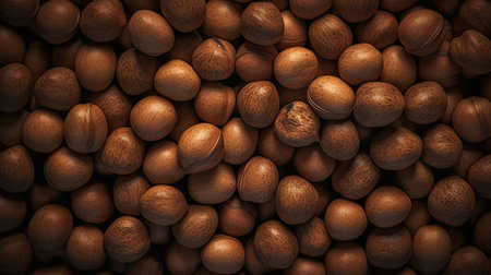 Many dried acorn nuts background. Top view on large group of nuts. Generative AI.の素材