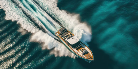 Top view on speed boat in paradise turquoise ocean water. Generative AI.の素材