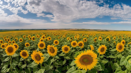 Panoramic field of sunflowers with blue sky on sunny day. Generative AI.の素材