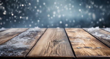 Wood table mockup with falling snow on background. Empty copy space for product presentation. Generative AI.の素材