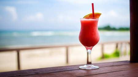 Strawberry Daiquiri cocktail on background with blue sea and sky tropical background. Generative AI.の素材