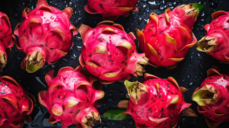 Fresh ripe dragon fruits with water drops background. Fruits backdrop. Generative AI.の素材