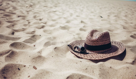 Hat on the sand with a sea background. Travel concept. Generative AI.の素材