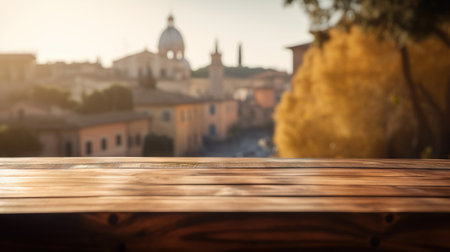 Wood table mockup with Rome city street in shallow depth of field. Copy space for product. Generative AI.の素材