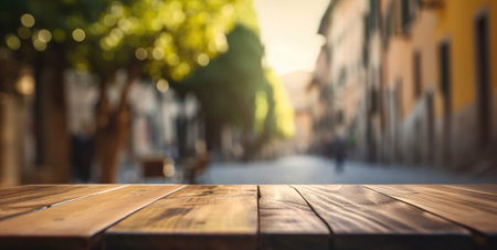 Wood table mockup with Rome city street in shallow depth of field. Copy space for product. Generative AI.の素材