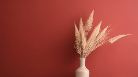 Vase with decorative plant branch against red wall background. Minimalist interior mockup. Generative AI.の素材
