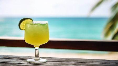 Classic Margarita cocktail on background with blue sea and sky tropical background. Generative AI.の素材