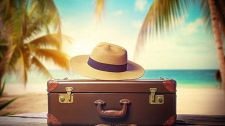 Suitcase with accessories on the sand with a sea background. Travel concept. Generative AI.の素材