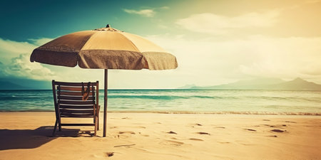 Beach chair and umbrella on beautiful beach. Travel paradise concept. Generative AI.の素材