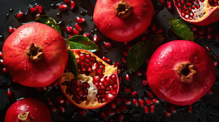 Fresh ripe pomegranades with water drops background. Fruits backdrop. Generative AI.の素材