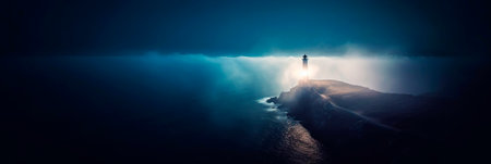 Lighthouse on a cliff edge in stormy and misty weather. Night landscape. Generative AI.の素材