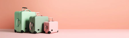 Pastel colored scene with travel suitcases, on uniform background. Trip concept. Generative AI.の素材
