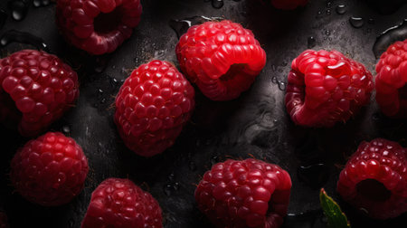 Fresh ripe raspberry with water drops background. Berries backdrop. Generative AI.の素材