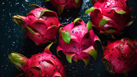 Fresh ripe dragon fruits with water drops background. Fruits backdrop. Generative AI.の素材