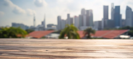 Wood table mockup with Singapore city street in shallow depth of field. Copy space for product. Generative AI.の素材