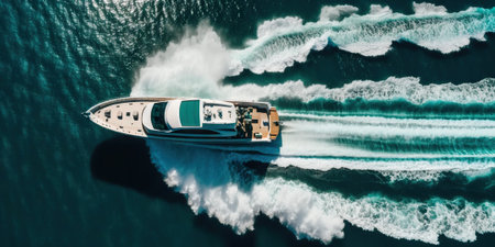 Top view on speed boat in paradise turquoise ocean water. Generative AI.の素材