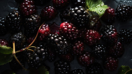 Fresh ripe blackberries with water drops background. Berries backdrop. Generative AI.の素材