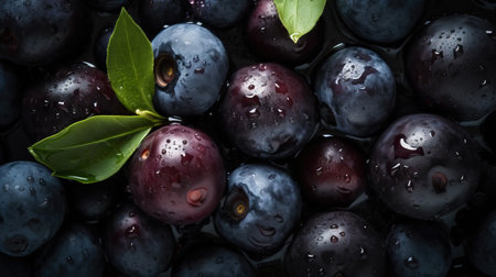 Fresh ripe huckleberry with water drops background. Berries backdrop. Generative AI.の素材