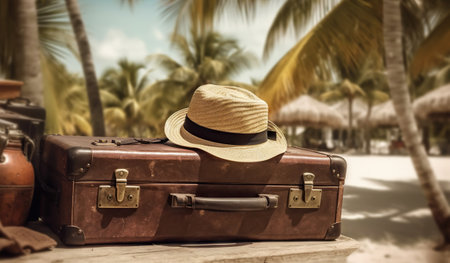 Suitcase, hat and accessories on the wooden floor with a sea background. Travel concept. Generative AI.の素材