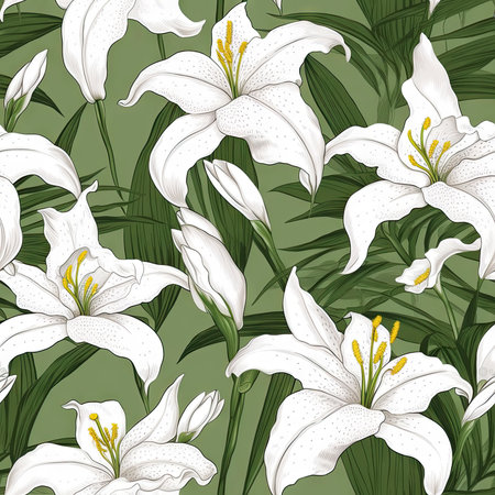 Lily flower seamless pattern. Floral seamless background. Generative AI.の素材