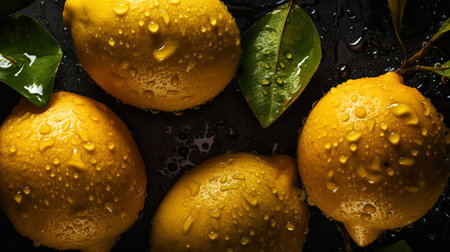 Fresh ripe lemons with water drops background. Fruits backdrop. Generative AI.の素材