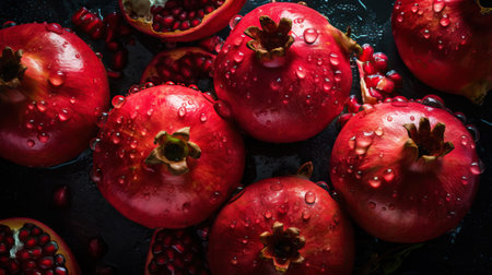 Fresh ripe pomegranades with water drops background. Fruits backdrop. Generative AI.の素材