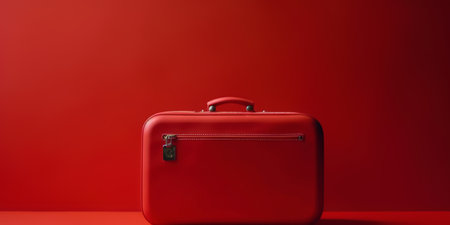 Red travel suitcase, on red background. Trip concept. Generative AI.の素材