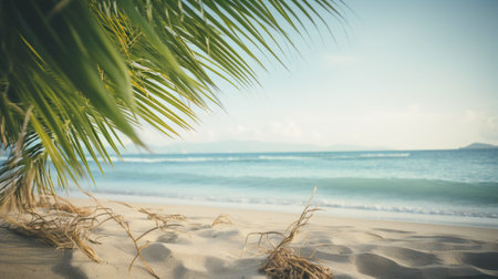 Tropical summer seascape with palm leaves, beach and paradise ocean. Vacation and travel backdrop. Generative AI.の素材