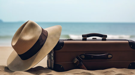 Suitcase with accessories on the sand with a sea background. Travel concept. Generative AI.の素材