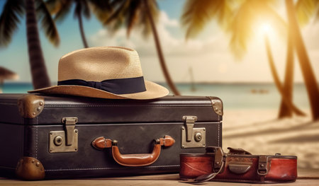 Suitcase, hat and accessories on the wooden floor with a sea background. Travel concept. Generative AI.の素材