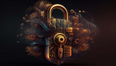 Cyber lock and key abstract illustration. Cyber security concept. Generative AI.の素材