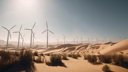 Wind turbines in the desert. Renewable energy concept with sand dunes. Generative AI.の素材